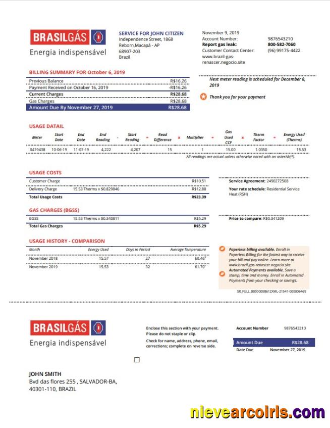 Brazil Gas utility bill